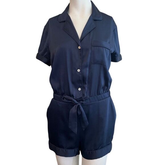 Victoria's Secret Ladies Medium Short Sleeve Navy Blue Satin Sleep Lounge Romper - Picture 1 of 6